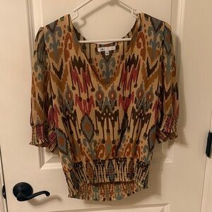 Daniel Rainn V-Neck Ikat Blouse - Tan, Red, Blue